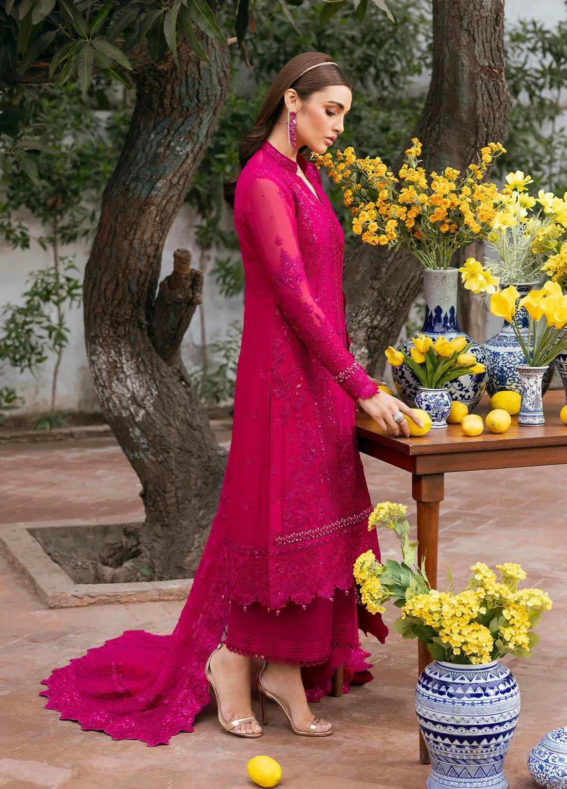 Gulaal Reverie Embroidered Chiffon Magenta Raw Silk – view 6 – Poshaq
