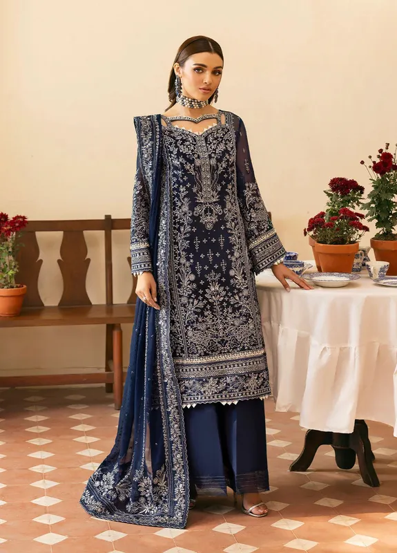 Gulaal Reverie Embroidered Chiffon Navy Blue Raw Silk – view 1 – Poshaq