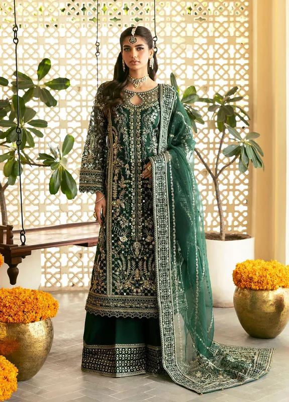Gulaal Chaandni Wedding Formals Bottle Green Raw Silk – view 1 – Poshaq