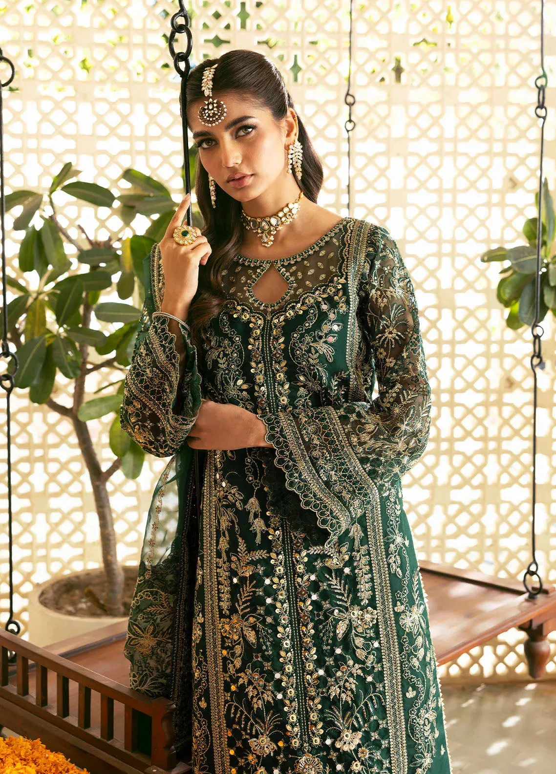 Gulaal Chaandni Wedding Formals Bottle Green Raw Silk – view 2 – Poshaq