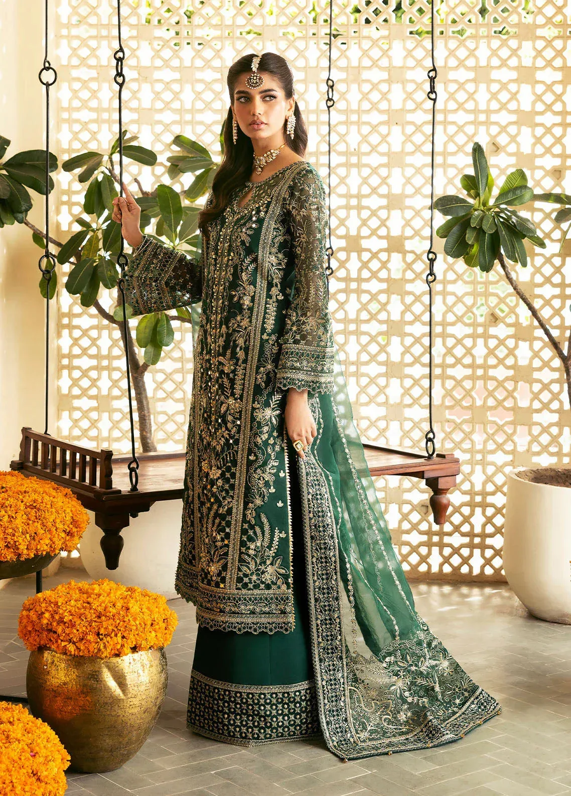 Gulaal Chaandni Wedding Formals Bottle Green Raw Silk – view 3 – Poshaq