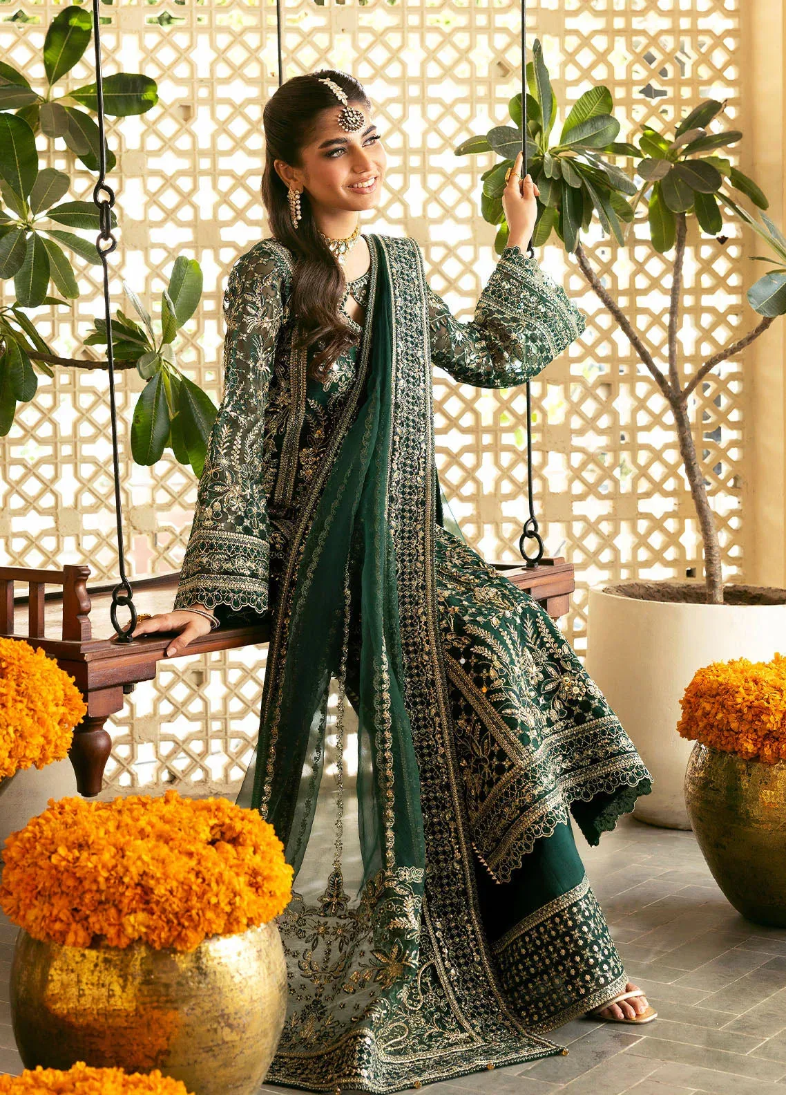 Gulaal Chaandni Wedding Formals Bottle Green Raw Silk – view 4 – Poshaq