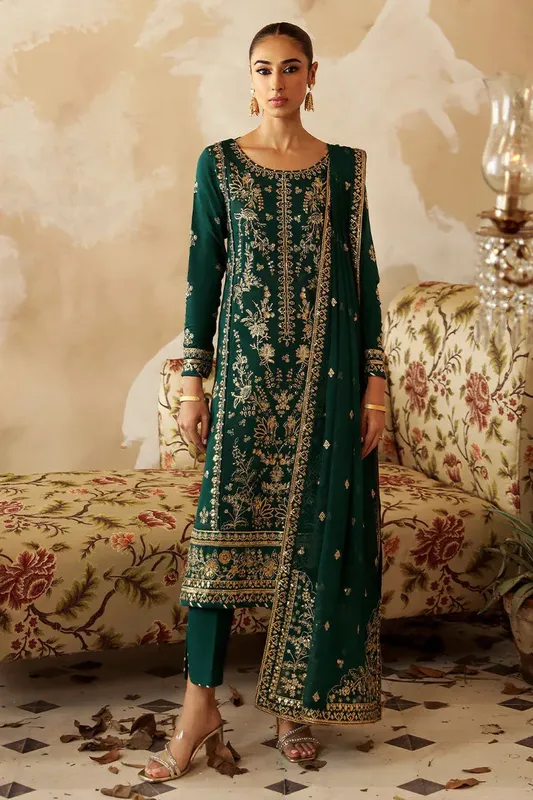 Gulaal Shehrnaaz Raw Silk Dark Green Raw Silk – view 1 – Poshaq