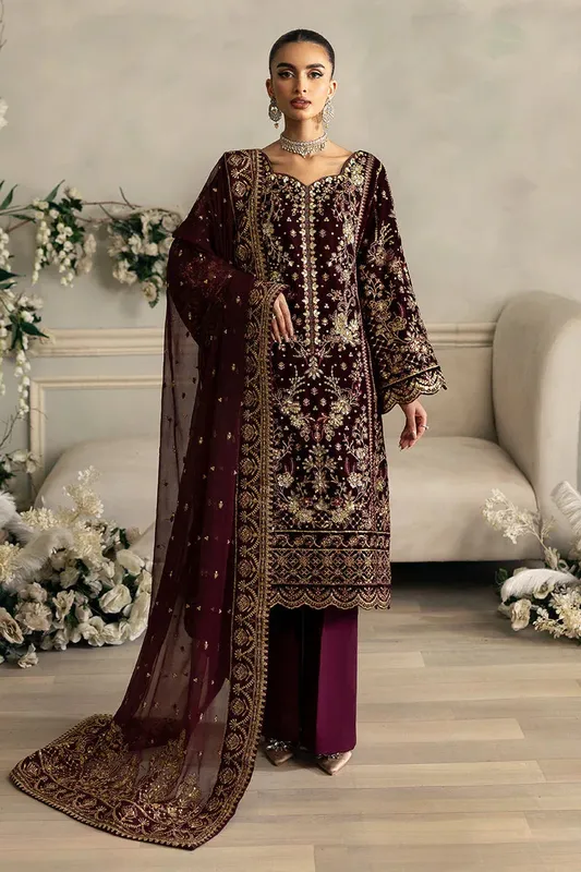 Gulaal Celeste Velvet 24 Dark Maroon Raw Silk – view 1 – Poshaq
