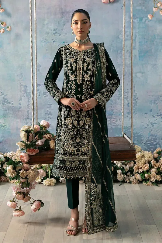 Gulaal Celeste Velvet 24 Dark Green Raw Silk – view 1 – Poshaq