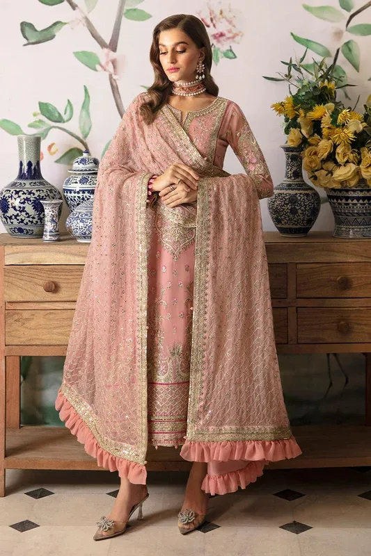 Gulaal Embroidered Chiffon 24 Pink Raw Silk – view 1 – Poshaq