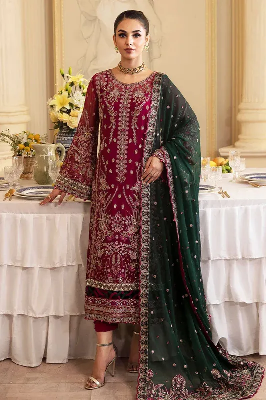 Gulaal Embroidered Chiffon 24 Wine Raw Silk – view 1 – Poshaq