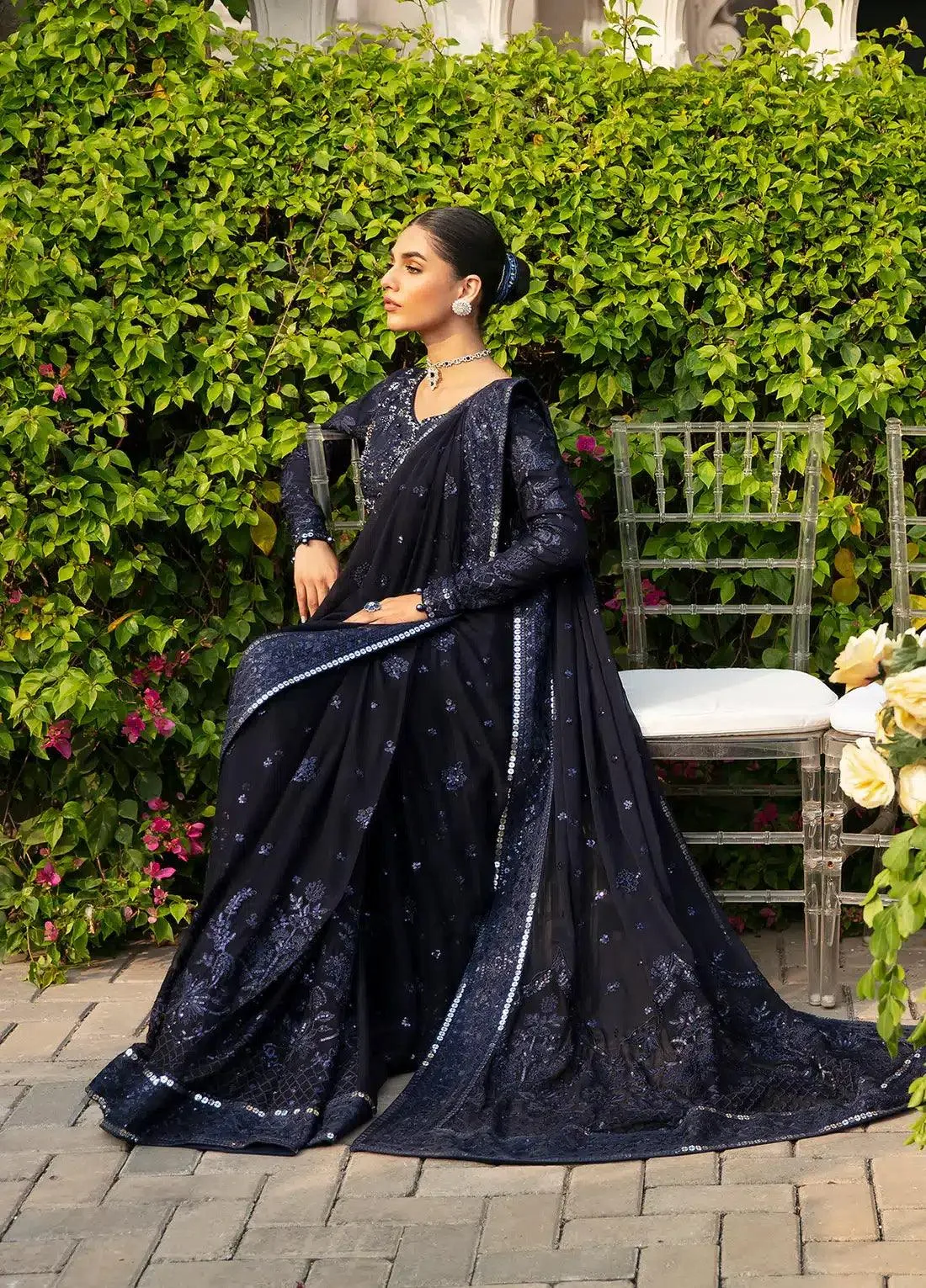 Gulaal Wedding Collection 23 Navy Blue Organza – view 4 – Poshaq