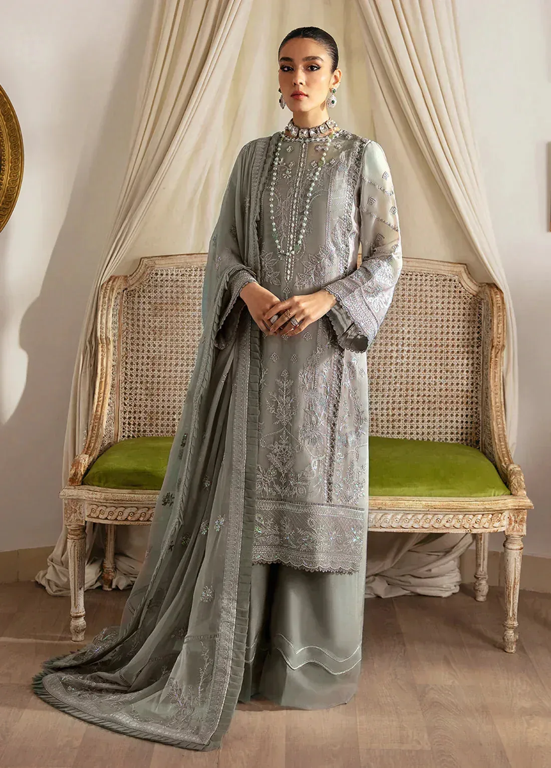 Gulaal Embroidered Chiffon 23 Grey Raw Silk – view 3 – Poshaq