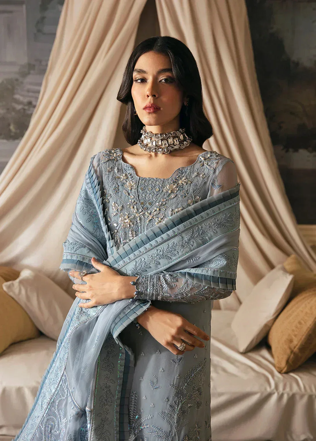 Gulaal Embroidered Chiffon 23 Blue Raw Silk – view 2 – Poshaq