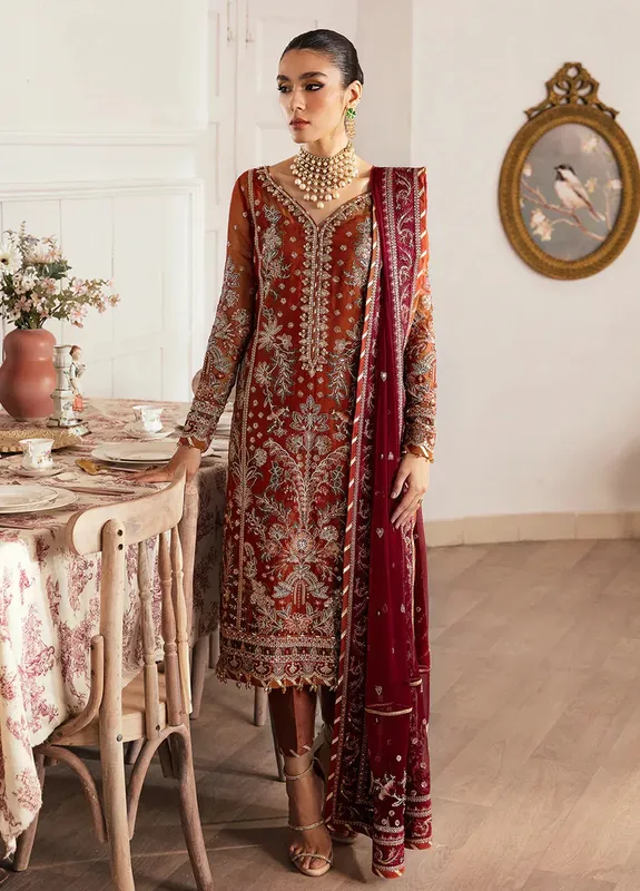 Gulaal Embroidered Chiffon 23 Orange Raw Silk – view 1 – Poshaq