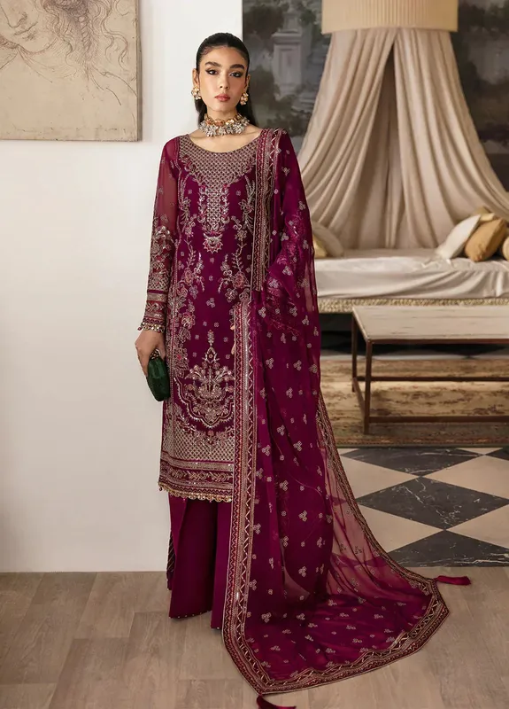 Gulaal Embroidered Chiffon 23 Maroon Raw Silk – view 1 – Poshaq