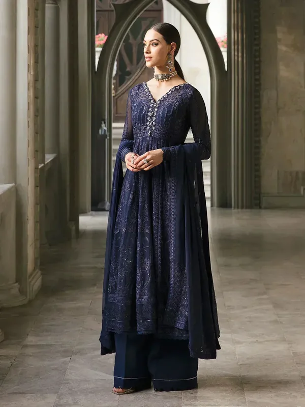 Gulaal Embroidered Chiffon 23 Navy Blue Raw Silk – view 1 – Poshaq