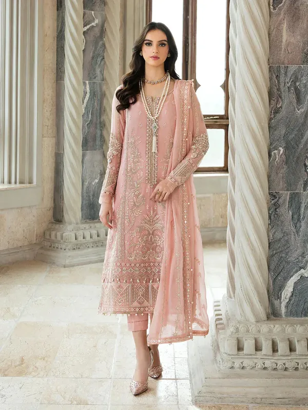 Gulaal Embroidered Chiffon 23 Pink Raw Silk – view 1 – Poshaq