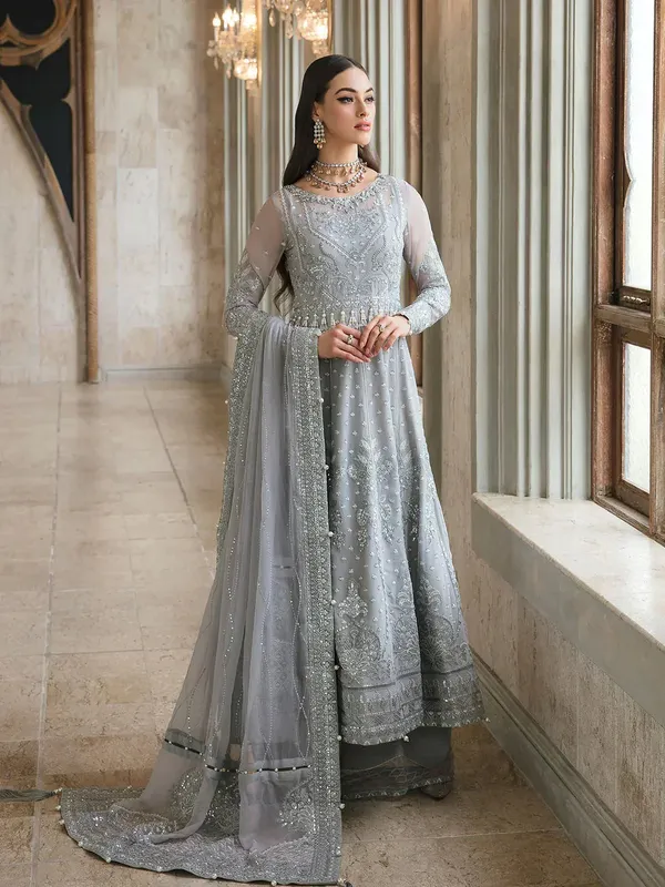 Gulaal Embroidered Chiffon 23 Grey Raw Silk – view 1 – Poshaq