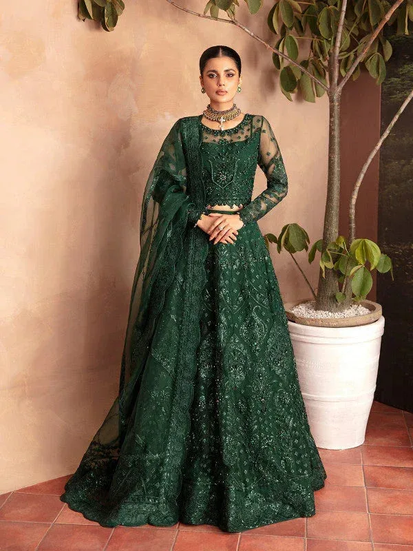 Gulaal Embroidered Chiffon 23 Bottle Green Raw Silk – view 1 – Poshaq