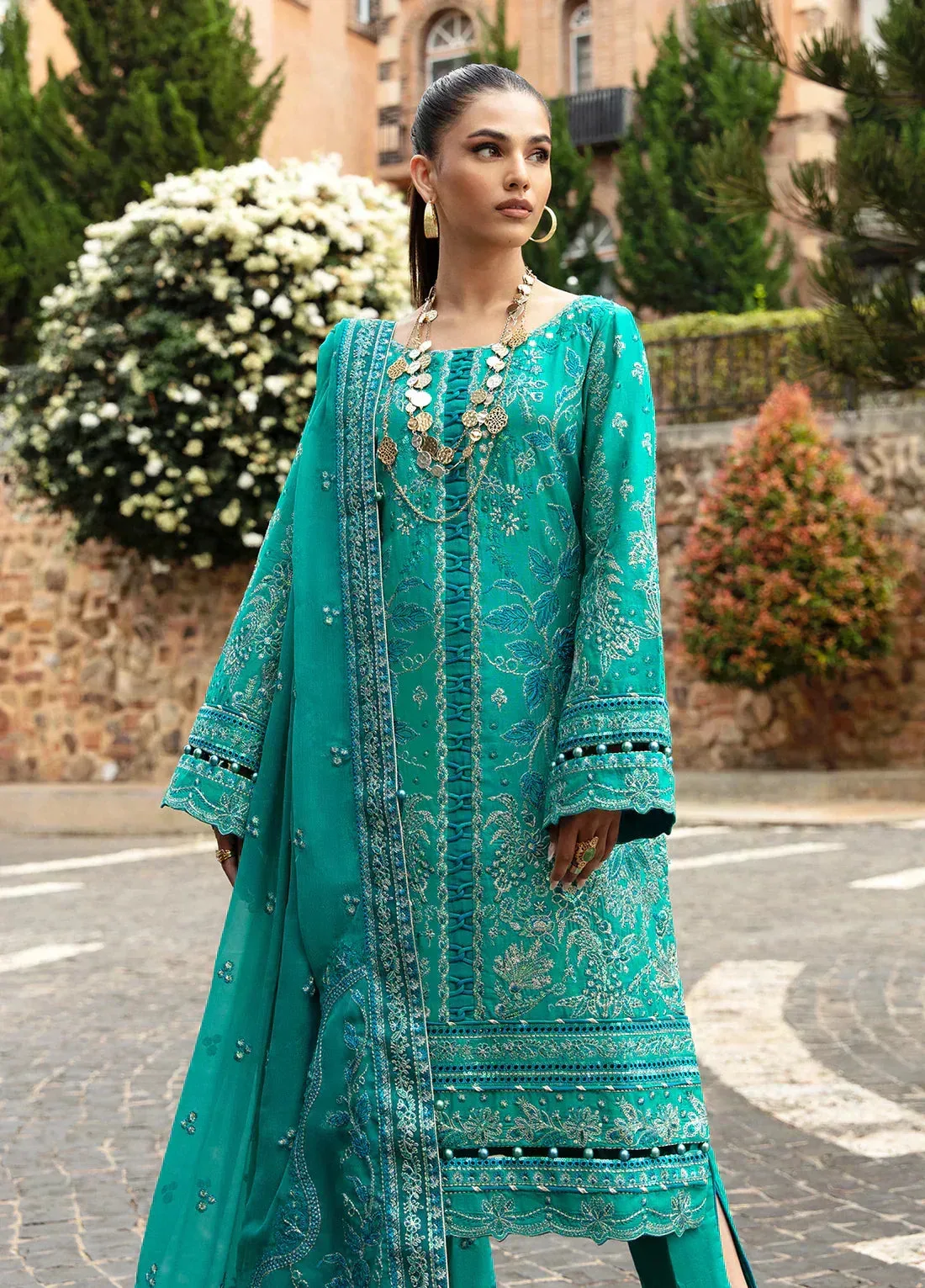 Gulaal Luxury Lawn 24 Green Organza – view 3 – Poshaq