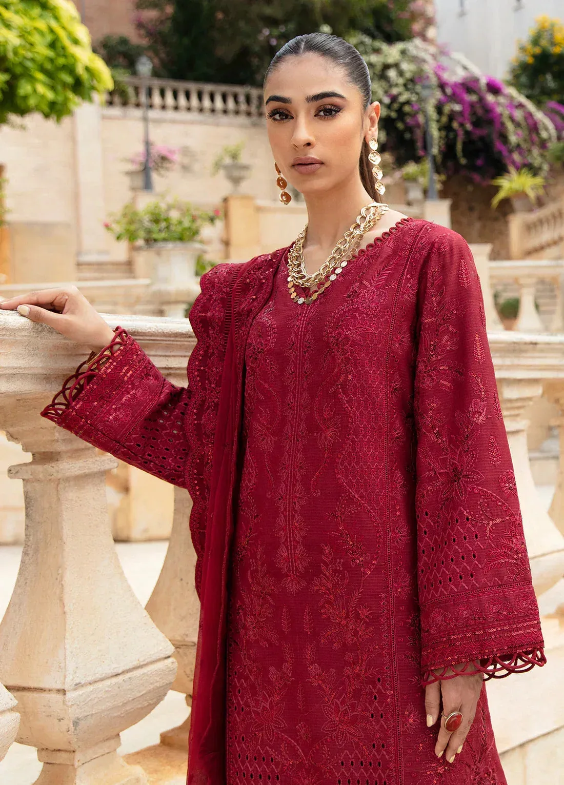 Gulaal Luxury Lawn 24 Maroon Organza – view 3 – Poshaq