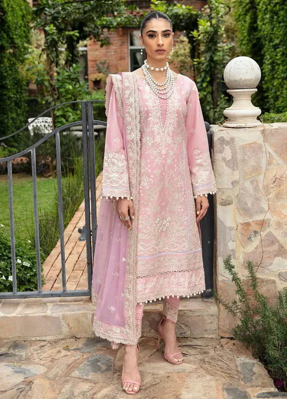 Pink three‑piece lawn suit with embroidered shirt, trousers and dupatta – view 1 – Poshaq