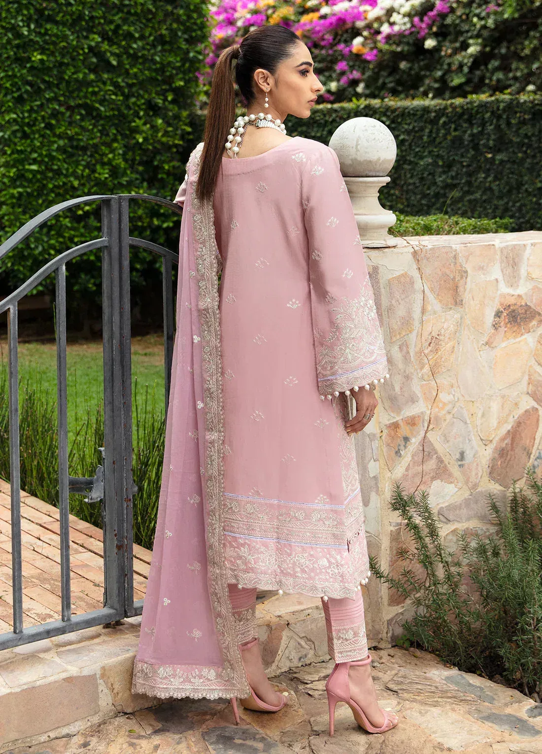 Pink three‑piece lawn suit with embroidered shirt, trousers and dupatta – view 2 – Poshaq