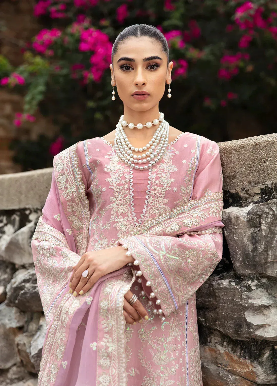 Pink three‑piece lawn suit with embroidered shirt, trousers and dupatta – view 3 – Poshaq