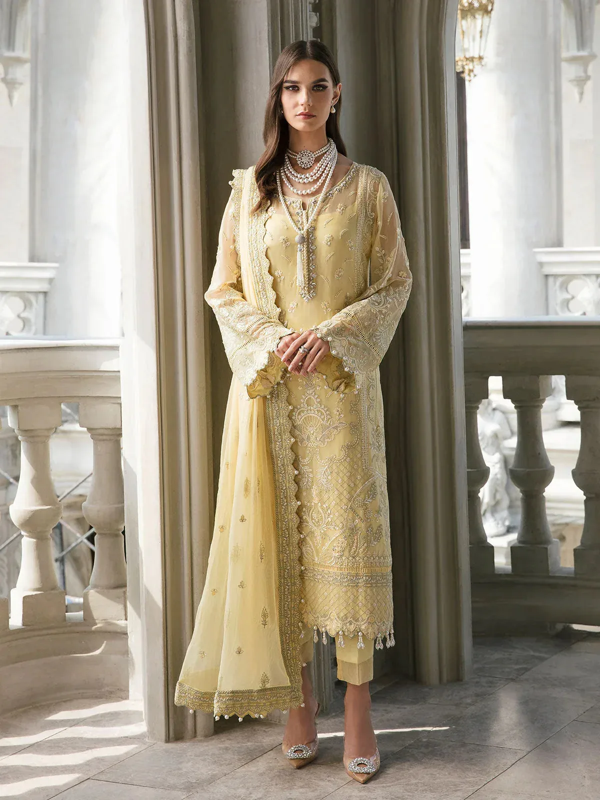 Gulaal Embroidered Chiffon Yellow Raw Silk – view 1 – Poshaq