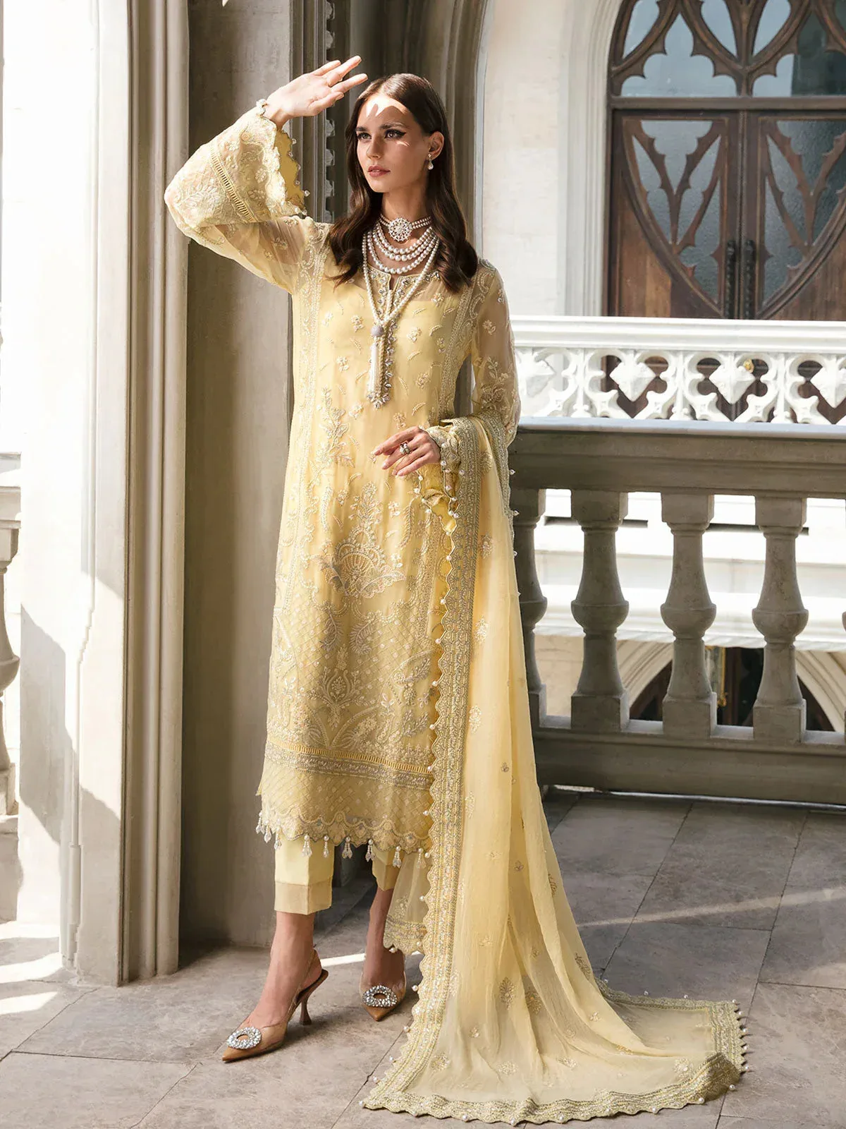 Gulaal Embroidered Chiffon Yellow Raw Silk – view 4 – Poshaq