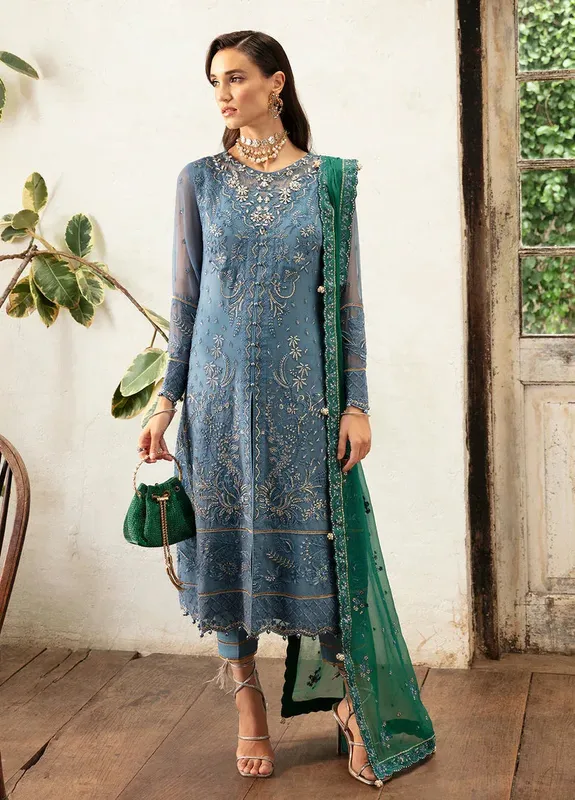 Gulaal Embroidered Chiffon Eid Collection Blue Raw Silk – view 1 – Poshaq
