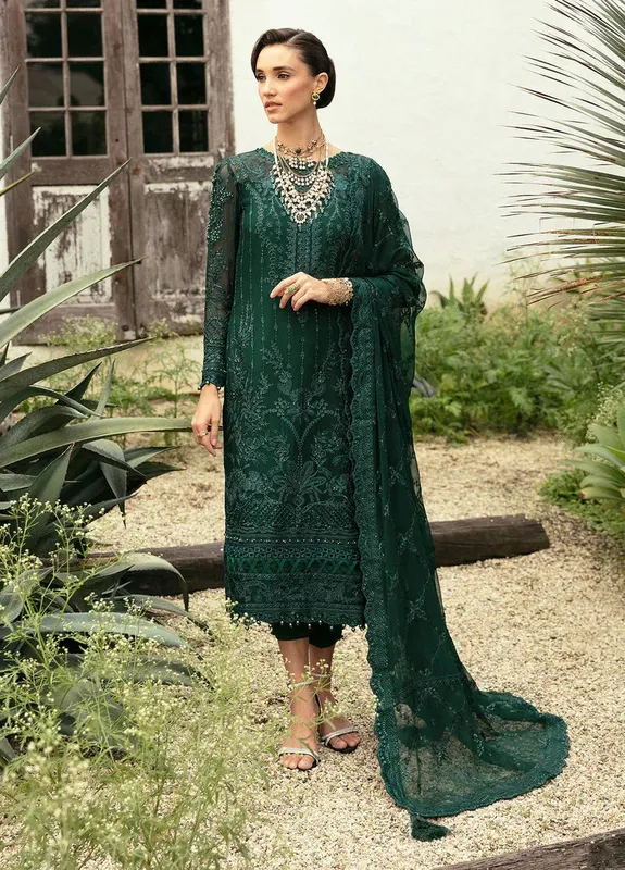 Gulaal Embroidered Chiffon Eid Collection Bottle Green Raw Silk – view 1 – Poshaq