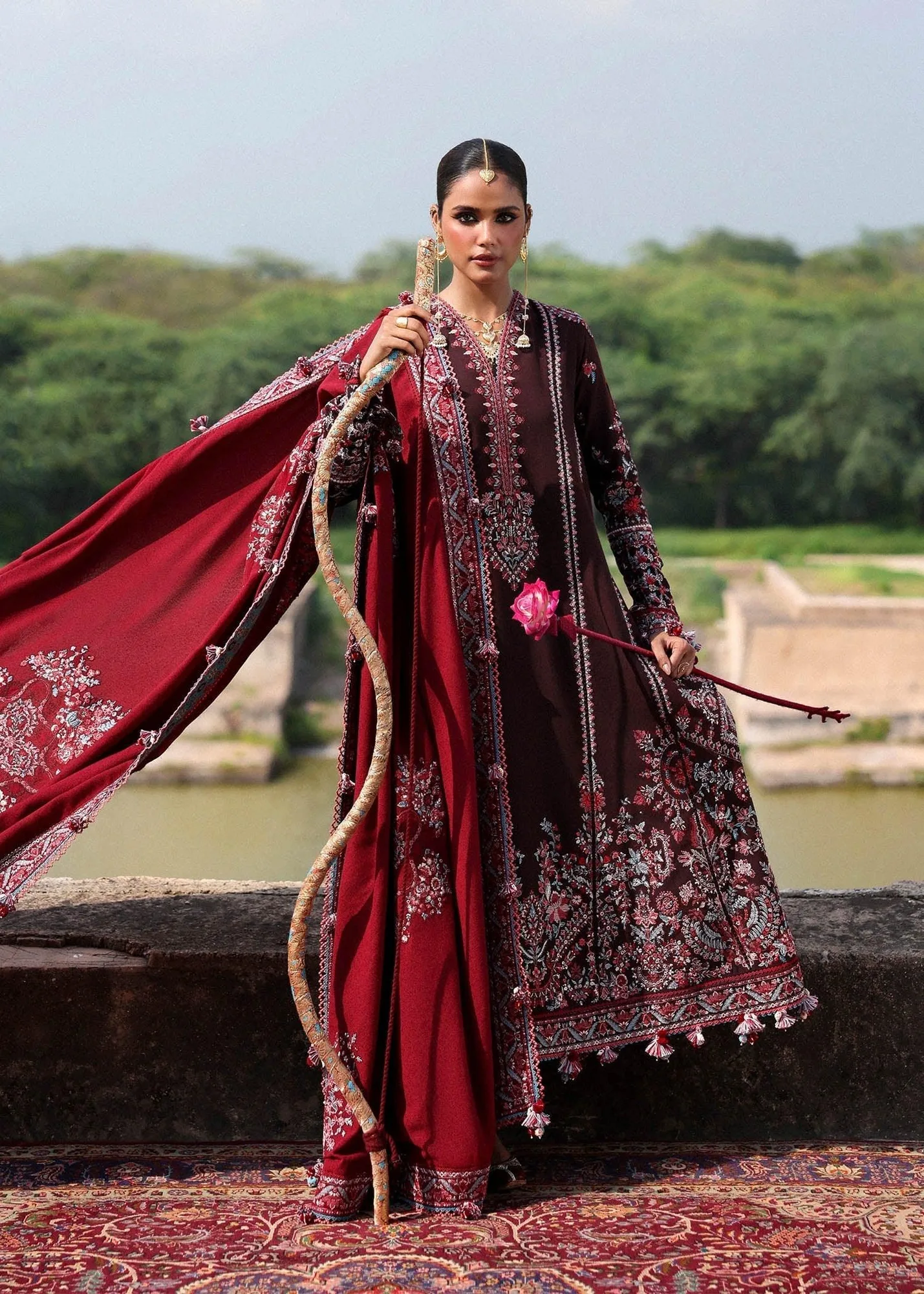 Hussain Rehar Karandi 25 Chocolate Brown Organza – view 3 – Poshaq