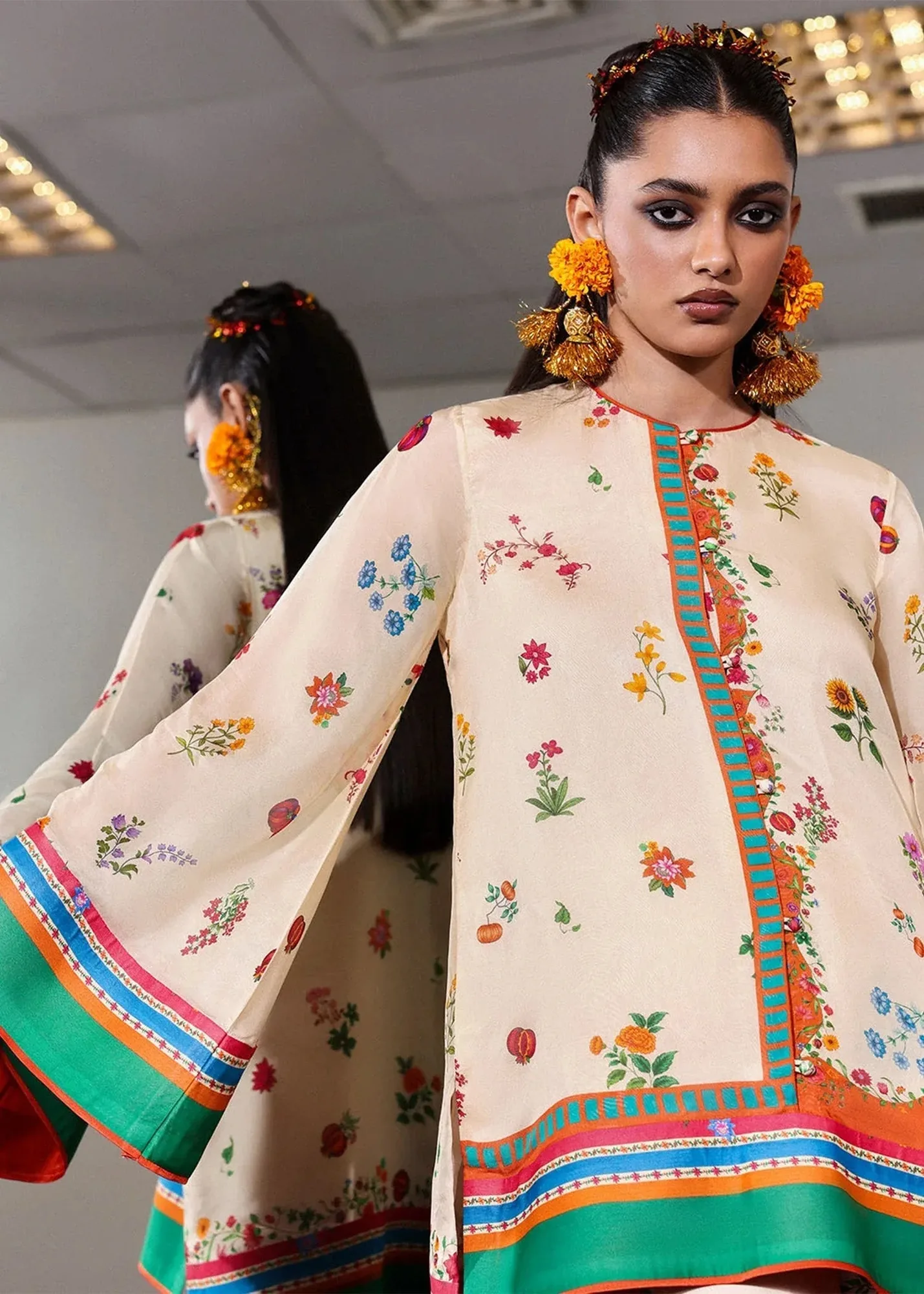 Hussain Rehar Pay Day Peach Cream Viscose – view 3 – Poshaq