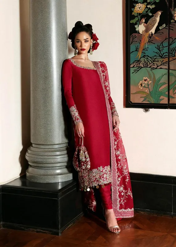 Hussain Rehar Red Raw Silk – view 1 – Poshaq