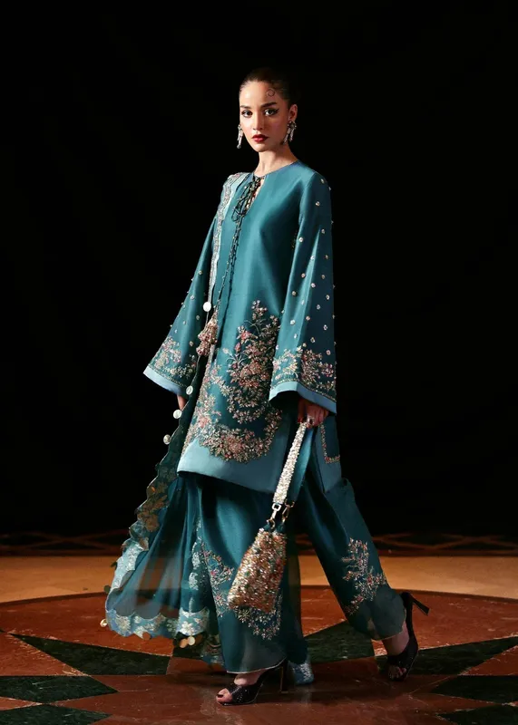 Hussain Rehar Teal Green Raw Silk – view 1 – Poshaq