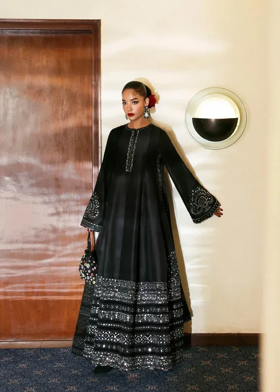 Hussain Rehar Black Raw Silk – view 1 – Poshaq