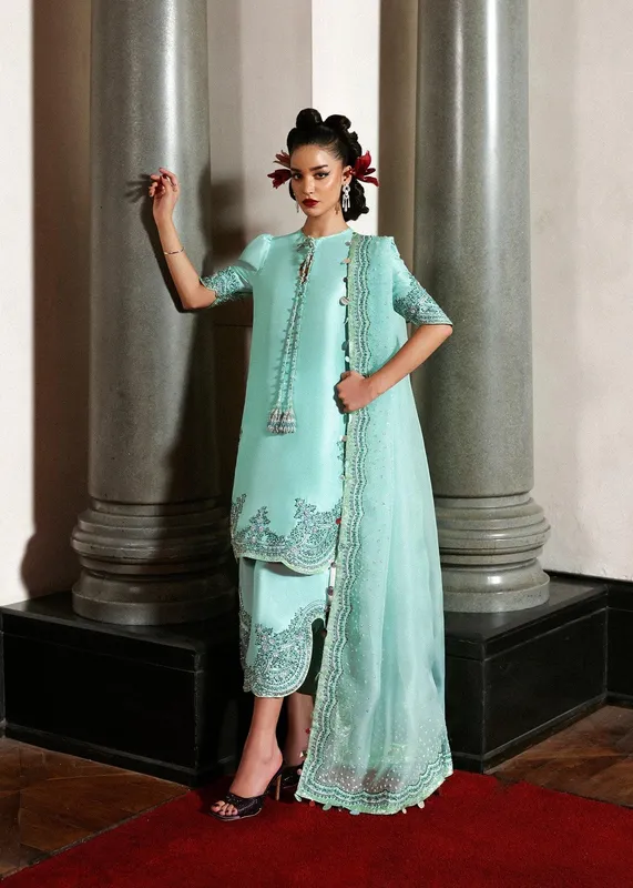 Hussain Rehar Light Ferozi Raw Silk – view 1 – Poshaq