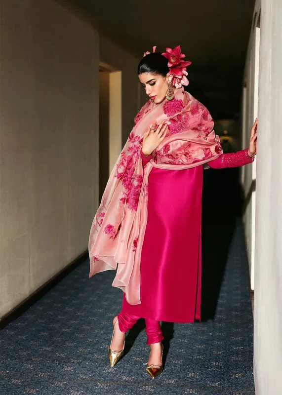 Hussain Rehar Carrot Pink Raw Silk – view 1 – Poshaq