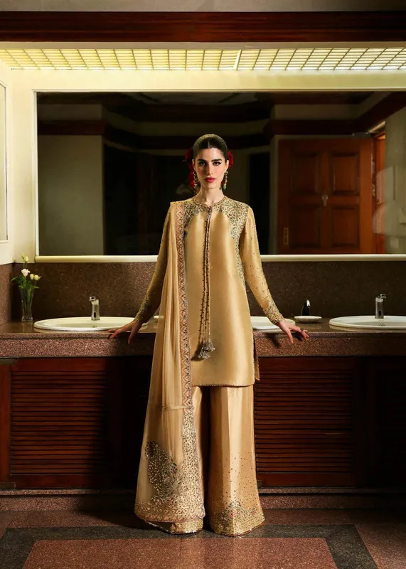 Hussain Rehar Gold Raw Silk – view 1 – Poshaq
