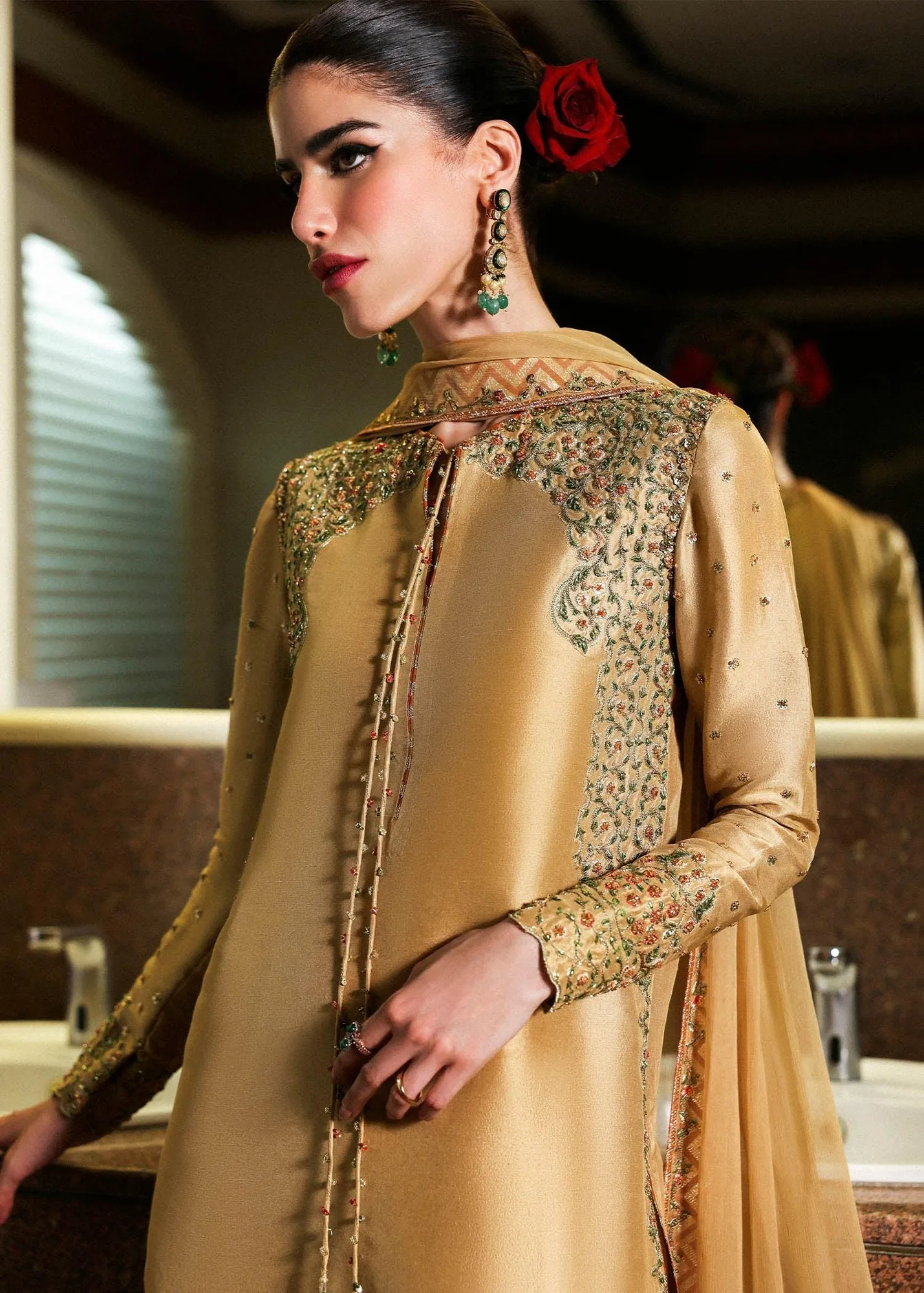 Hussain Rehar Gold Raw Silk – view 2 – Poshaq