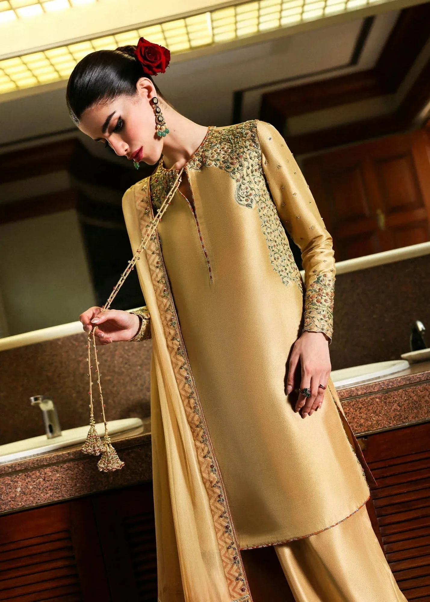 Hussain Rehar Gold Raw Silk – view 3 – Poshaq