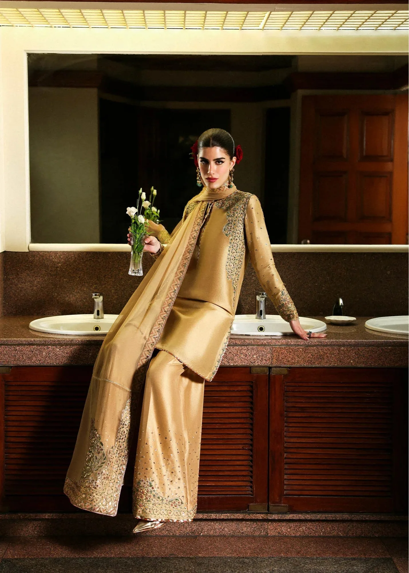 Hussain Rehar Gold Raw Silk – view 4 – Poshaq