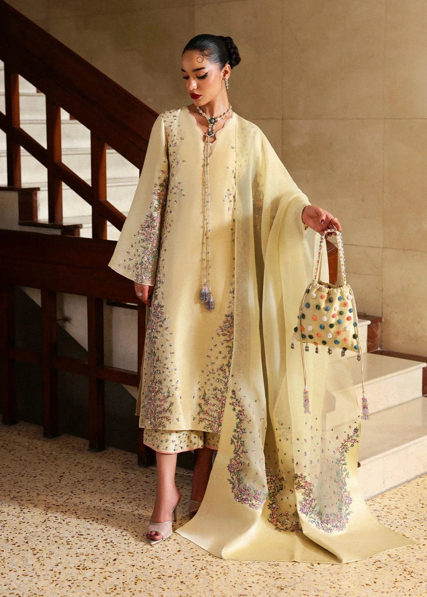 Hussain Rehar Pastel Yellow Raw Silk – view 1 – Poshaq