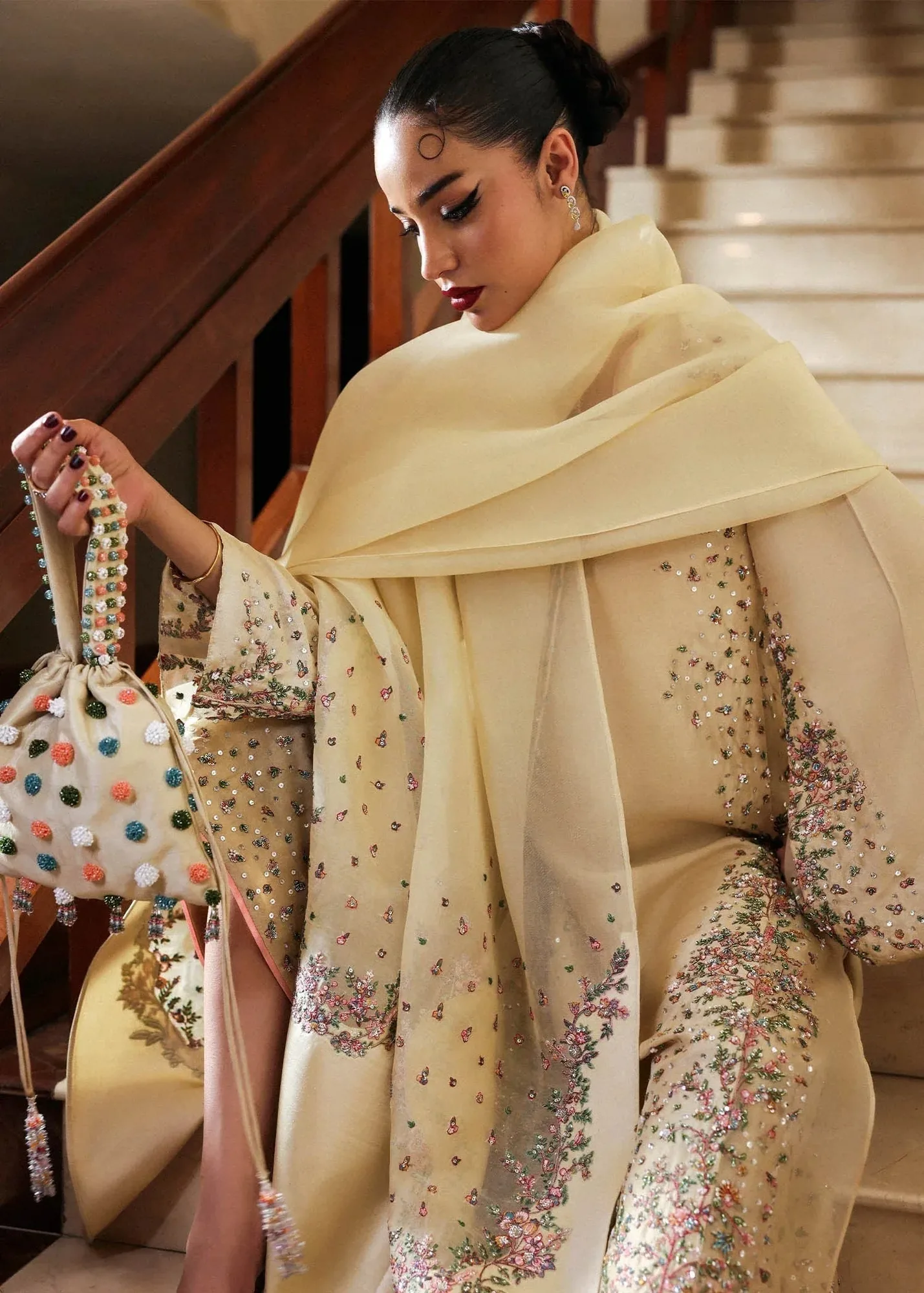 Hussain Rehar Pastel Yellow Raw Silk – view 2 – Poshaq