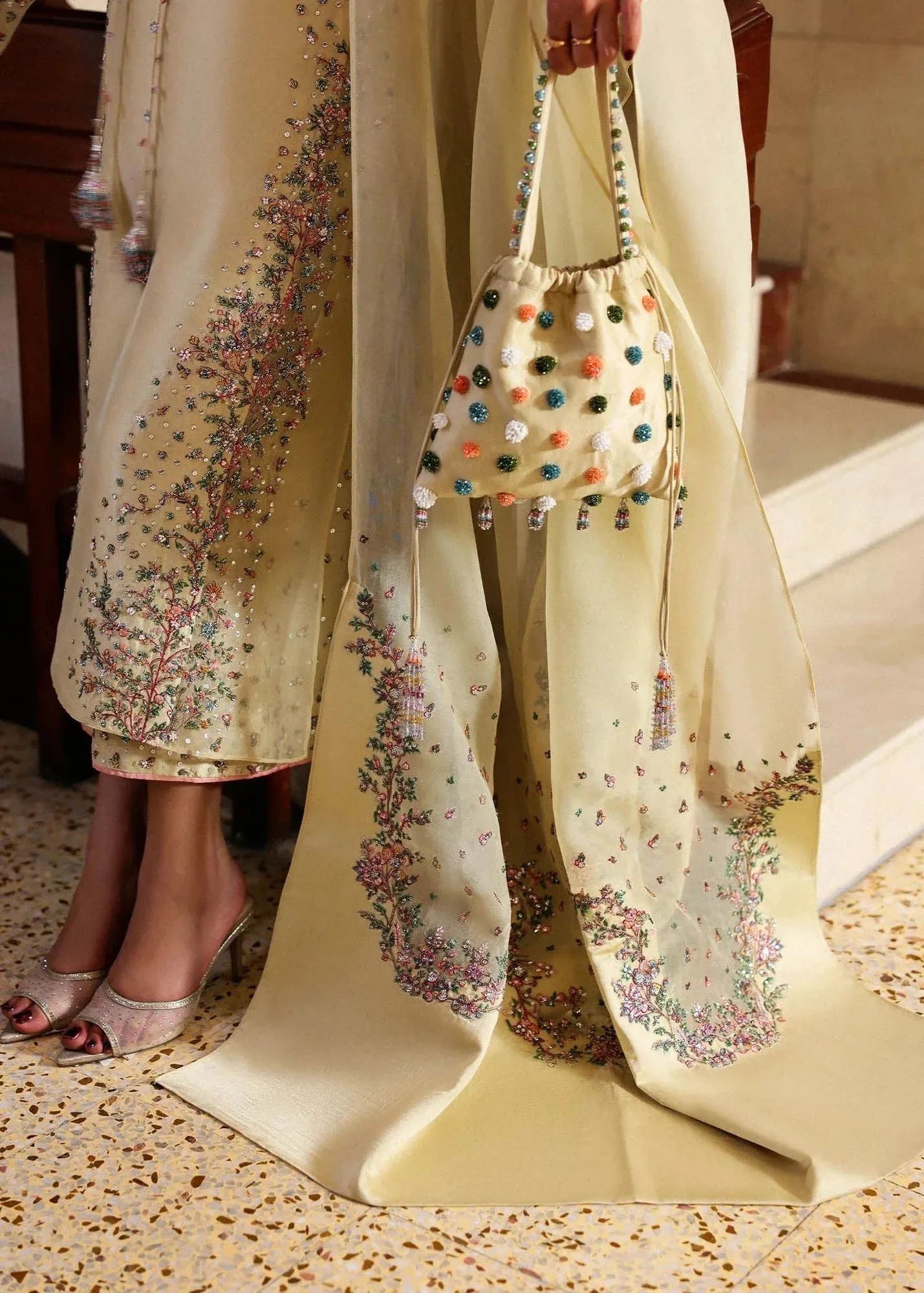 Hussain Rehar Pastel Yellow Raw Silk – view 3 – Poshaq