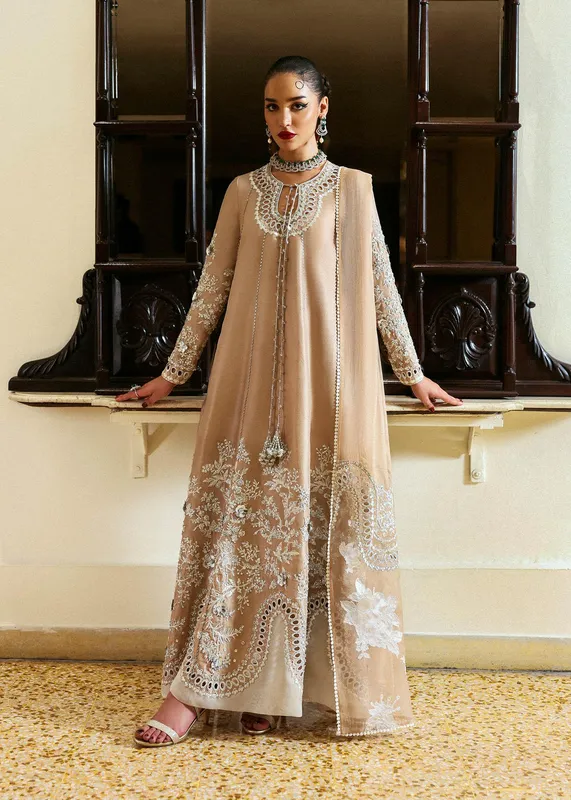 Hussain Rehar Beige Raw Silk – view 1 – Poshaq