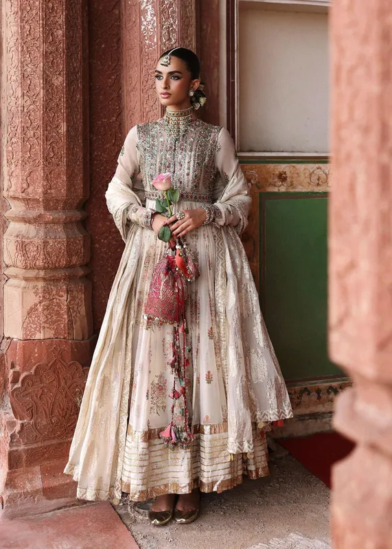 Hussain Rehar Ivory Gold Silk – view 1 – Poshaq