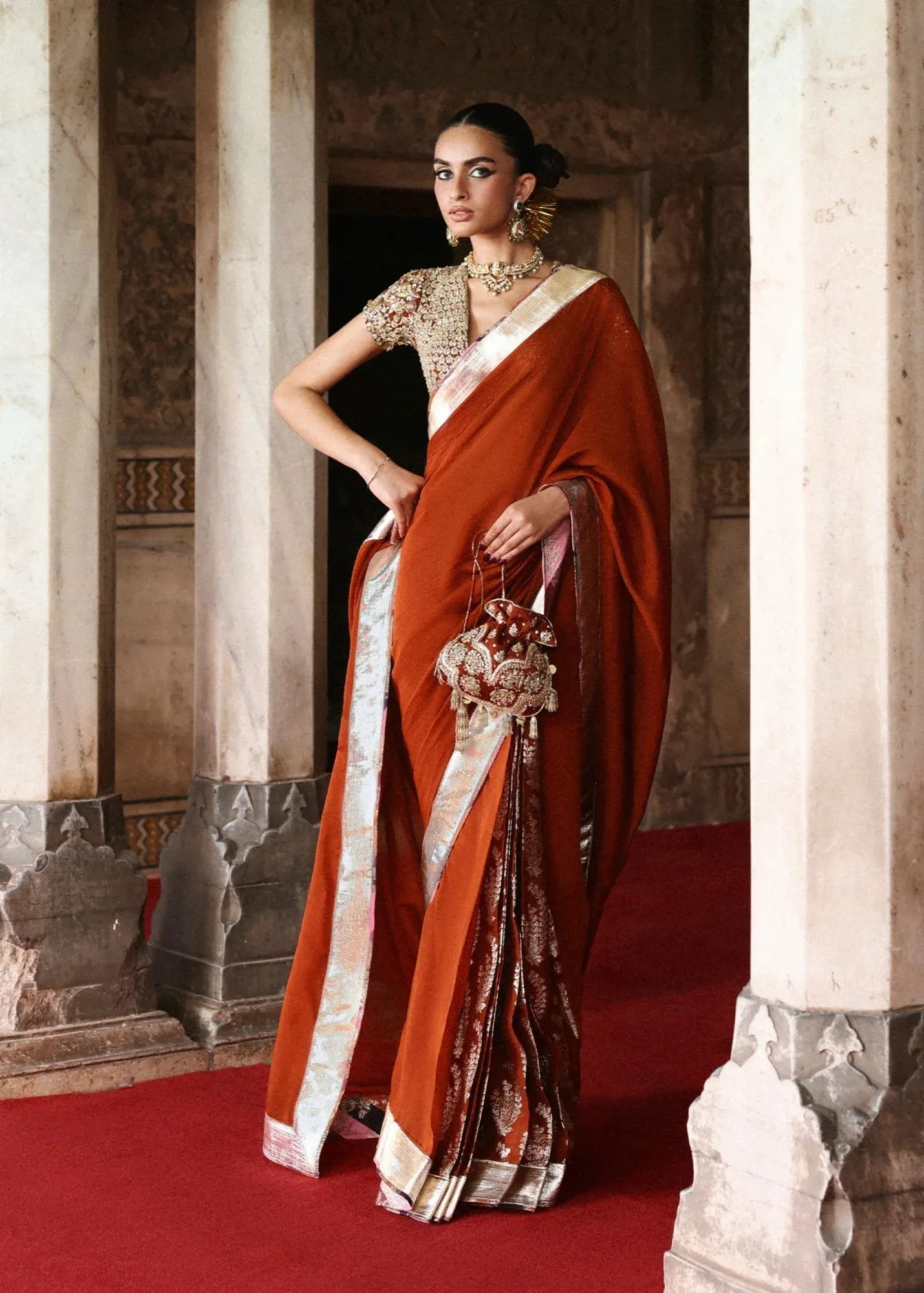 Hussain Rehar Rust Silk – view 1 – Poshaq