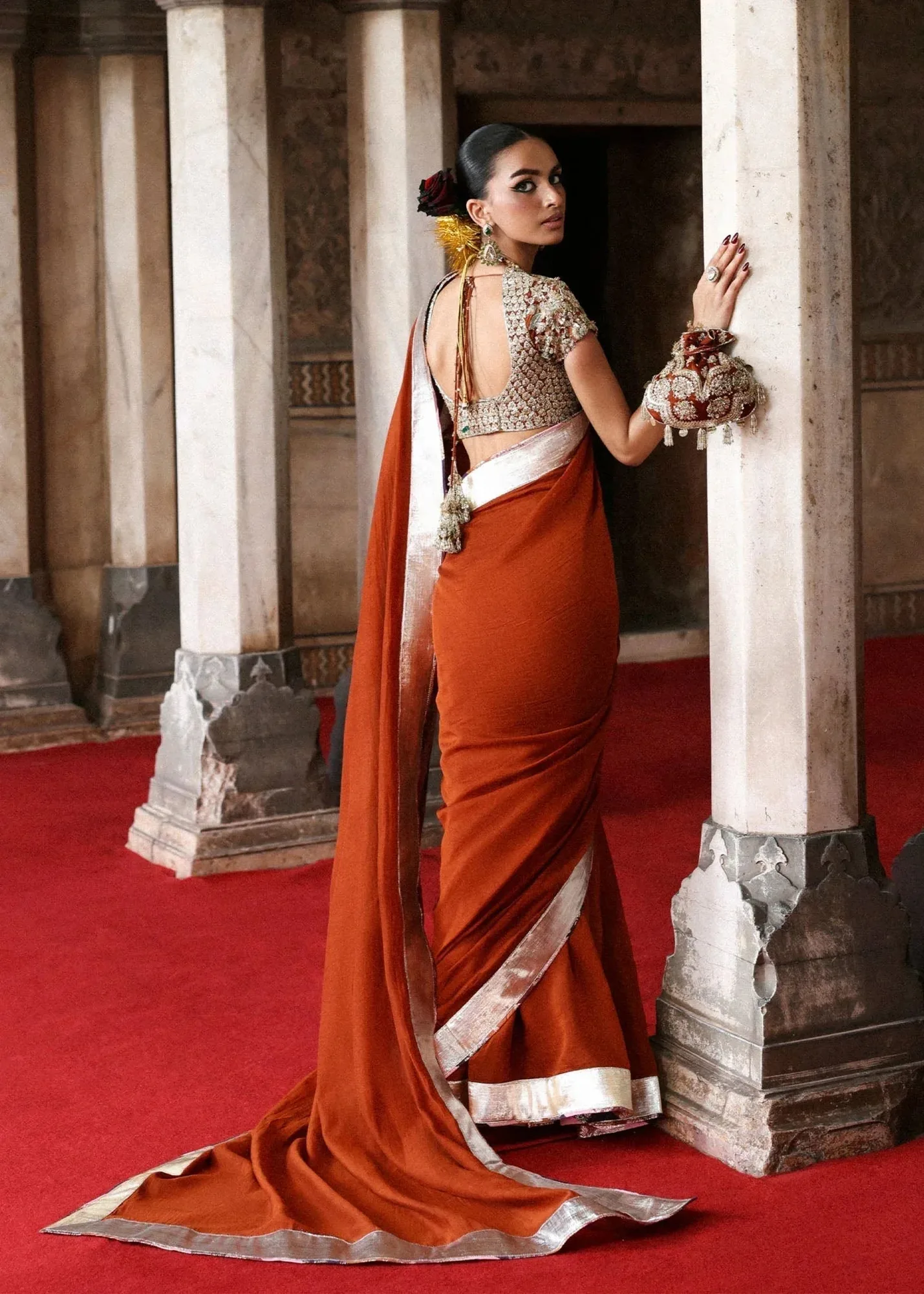 Hussain Rehar Rust Silk – view 2 – Poshaq