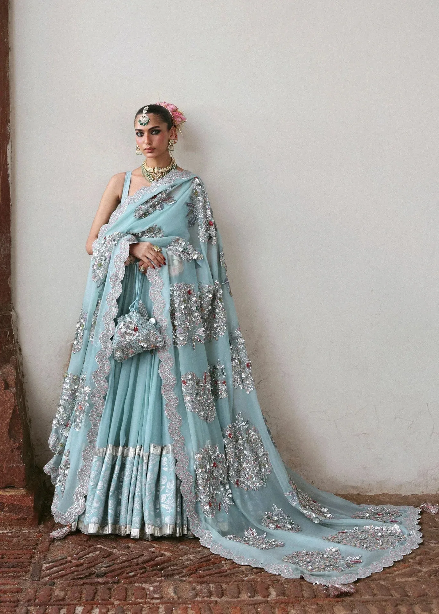 Hussain Rehar ice blue Organza – view 1 – Poshaq