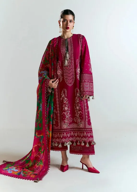Hussain Rehar Nirmal SS 25 Carrot Pink Cotton – view 1 – Poshaq
