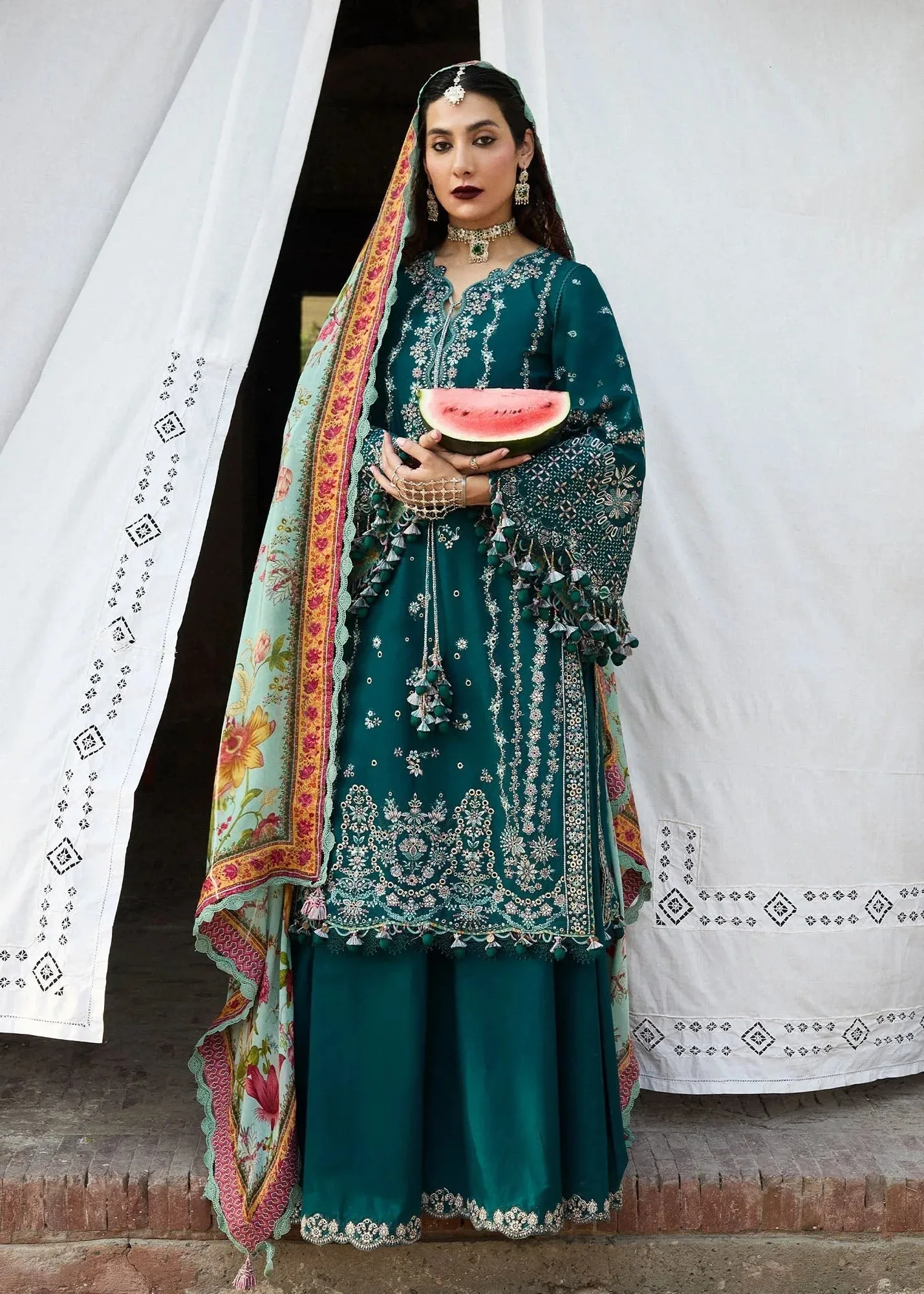 Hussain Rehar Nirmal SS 25 Teal Green Cotton – view 1 – Poshaq